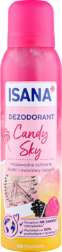 Różowy dezodorant ISANA Candy Sky, spray o słodkim zapachu, z grafiką wesołego miasteczka i owoców, przód butelki.