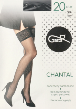Czarne, przezroczyste pończochy samonośne Gatta Chantal 20 den na nodze modelki, widoczne opakowanie produktu.