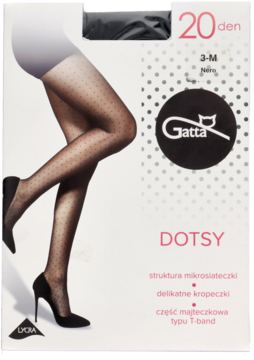 Opakowanie czarnych rajstop Gatta Dotsy 20 DEN z drobnymi kropkami, widok nóg modelki z boku.