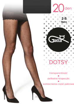 Czarne rajstopy Gatta DOTSY 20 den w drobne kropki, na modelce z opakowaniem produktu, z boku.