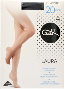 Rajstopy Gatta Laura 20 den nude, transparentne, półmatowe, z Lycrą, w białym opakowaniu.