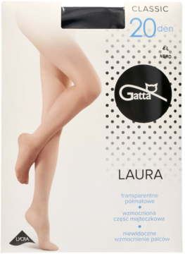 Rajstopy Gatta Laura 20 den nude, transparentne, półmatowe, z Lycrą, w białym opakowaniu.