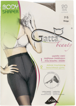 Beżowe opakowanie damskich rajstop Gatta Body Shaper 20 DEN, z ilustracją modelującą brzuch i biodra.