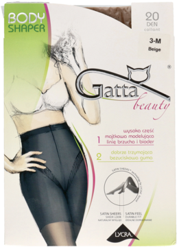 Opakowanie beżowych rajstop modelujących Gatta Body Shaper 20 DEN, widok z przodu z ilustracją modelki.