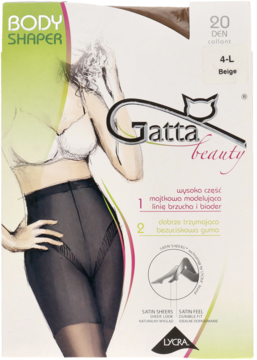 Front opakowania beżowych rajstop modelujących Gatta Beauty Body Shaper 20 DEN 4-L z grafiką modelującą sylwetkę.