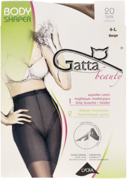 Front opakowania beżowych rajstop modelujących Gatta Beauty Body Shaper 20 DEN 4-L z grafiką modelującą sylwetkę.
