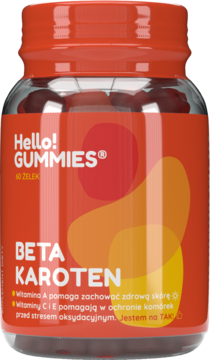 Pomarańczowy słoik Hello! GUMMIES Beta Karoten, 60 żelków, wspierających zdrową skórę. Z przodu etykieta z benefitami witamin.