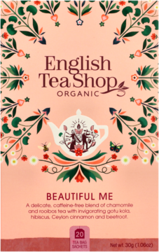Opakowanie organicznej herbaty English Tea Shop Beautiful Me, brzoskwiniowe z kwiatami i czajnikiem, widok z przodu.