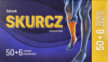 Niebieskie opakowanie Zdrovit Skurcz, suplementu diety na skurcze, z grafiką nogi i informacją o 50+6 tabletkach gratis.