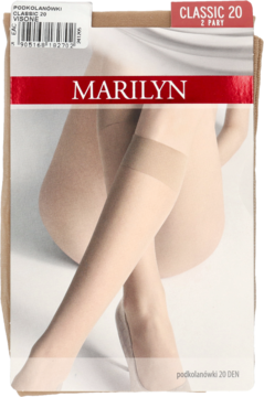 Opakowanie podkolanówek Marilyn Classic 20 DEN, transparentne, cieliste, z wizerunkiem nóg. Widok z przodu.