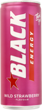 Różowa puszka Black Energy, napój energetyczny Wild Strawberry Flavour, widok z przodu, białe napisy i czerwona gwiazda.