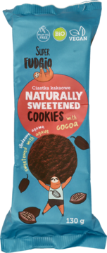 Niebieskie opakowanie ciastek kakaowych Super Fudgio Naturally Sweetened Cookies z agawą, wegańskie, 130g.