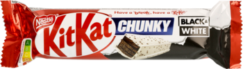 NESTLÉ KITKAT,paluszek waflowy  z warstwą masy z kakao, oblany białą polewą z ryżowo-kakaowymi chrupkami,przód