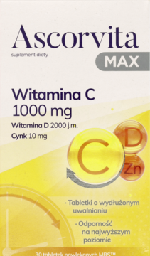 Ascorvita MAX suplement C 1000mg, D i cynk, wydłużone uwalnianie. Białe opakowanie, żółta grafika, przód.