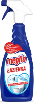 Meglio Łazienka niebieski spray do czyszczenia, z białą etykietą "NOWY", grafika łazienki, widok z przodu.