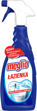 Meglio Łazienka niebieski spray do czyszczenia, z białą etykietą "NOWY", grafika łazienki, widok z przodu.