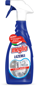 Niebieski spray Meglio Łazienka, środek do usuwania kamienia z efektem 100% połysku, Made in Italy, widok z przodu.