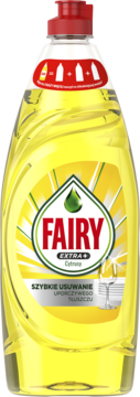 Żółty płyn do naczyń Fairy Extra+ Cytrusy w butelce z czerwoną pompką, skutecznie usuwa tłuszcz, widok z przodu.