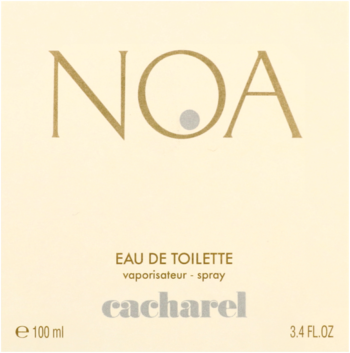 Noa Cacharel Eau de Toilette 100ml w kremowym pudełku, widok z przodu, złoty napis NOA, szare logo Cacharel.