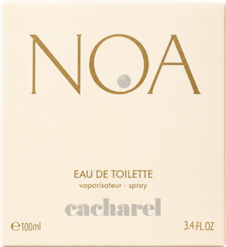 Beżowe pudełko Cacharel Noa Eau de Toilette 100ml, złoty napis Noa z perłą, srebrne Cacharel.