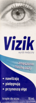 Biało-niebieskie opakowanie Vizik krople do oczu. Na pudełku grafika oka oraz tekst o ulgę dla zmęczonych i suchych oczu.