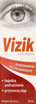 Biało-czerwone pudełko Vizik kropli do oczu 10ml, z grafiką oka i informacją o łagodzeniu podrażnień.