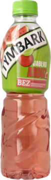 Przezroczysta butelka Tymbark jabłko-arbuz, zielona etykieta z grafiką owoców, różowy napój. Widok z przodu.