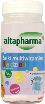 Biała butelka Altapharma Żelki multiwitamina dla dzieci, z kolorową etykietą i postaciami z kreskówek, widok z przodu.