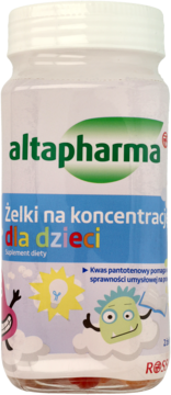Altapharma Żelki na koncentrację dla dzieci, przezroczysta butelka z niebieską etykietą i kreskówkowymi postaciami, widok z przodu.