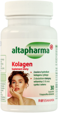 Biała butelka altapharma Kolagen Suplement diety, widok z przodu. Zawiera hydrolizat kolagenu rybiego, 30 kapsułek.