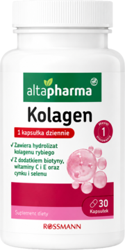 altapharma Kolagen, suplement diety, biała butelka z różowym akcentem i napisem 30 kapsułek, widok z przodu.