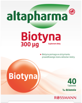 Białe pudełko altapharma Biotyna 300 µg, suplement diety na włosy i skórę, z pomarańczowym logo. Widok z przodu.