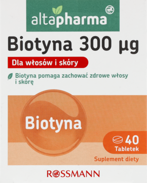 Opakowanie Altapharma Biotyna 300 µg, suplement na włosy i skórę, biało-zielone, z pomarańczowym kołem, widok z przodu.