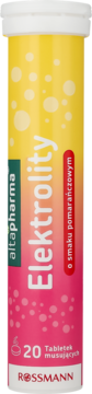 Altapharma Elektrolity o smaku pomarańczowym, 20 tabletek musujących w żółto-różowej tubie, widok z przodu.