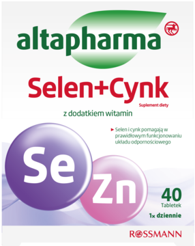 Białe opakowanie suplementu altapharma Selen+Cynk z witaminami, z fioletowym Se i różowym Zn na froncie.