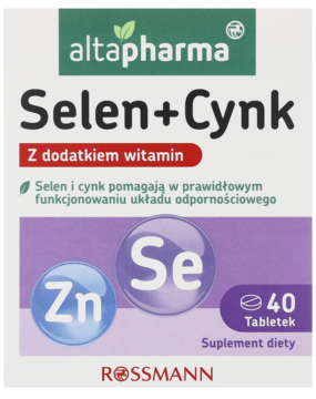 Frontalne opakowanie Altapharma Selen+Cynk suplement diety, szare, z zielonym logo i fioletową etykietą '40 Tabletek'.