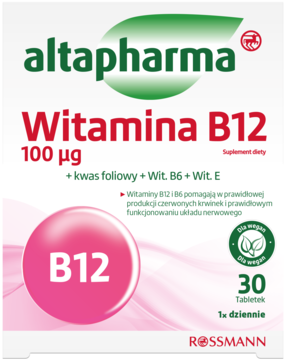 Białe opakowanie altapharma Witamina B12 100 μg z kwasem foliowym, B6 i E, z różowym kołem, widok z przodu.