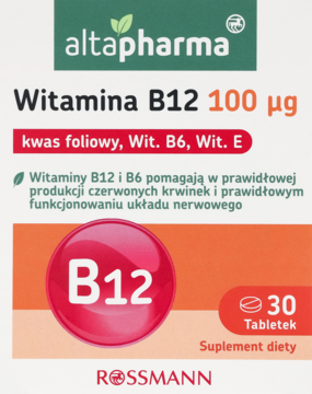 Suplement diety Altapharma Witamina B12 100 µg, białe opakowanie z zielonym topem, zawiera B6 i kwas foliowy, 30 tabletek, widok z przodu.