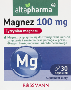 Opakowanie suplementu altapharma Magnez 100 mg Cytrynian magnezu, biało-granatowe, z zielonym logo, widok z przodu.