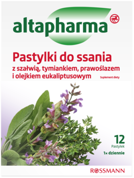 Biało-zielone opakowanie altapharma Pastylki do ssania z szałwią, tymiankiem i eukaliptusem, widok z przodu.