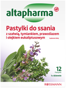 Biało-zielone opakowanie altapharma Pastylki do ssania z szałwią, tymiankiem i eukaliptusem, widok z przodu.