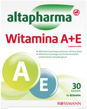 Białe opakowanie altapharma Witamina A+E, 30 kapsułek. Z zielonym logo i dużymi ikonami witamin A i E, widok z przodu.