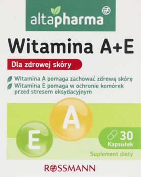 Altapharma Witamina A+E suplement diety w białym pudełku z zielonymi wstawkami, dużymi literami A i E, widok z przodu.