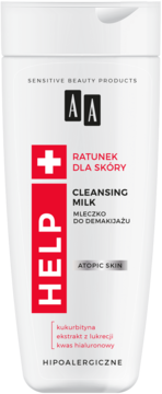 AA HELP Cleansing Milk, biała butelka z czerwono-białą etykietą, dla cery atopowej, widok z przodu.