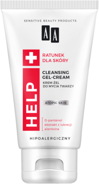 Biała tubka AA Help Cleansing Gel-Cream dla skóry atopowej i wrażliwej, z czerwonym logo ratunkowym, widok z przodu.