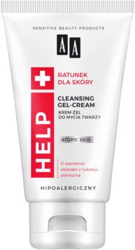 Biała tubka AA Help Cleansing Gel-Cream dla skóry atopowej i wrażliwej, z czerwonym logo ratunkowym, widok z przodu.
