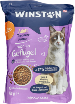 WINSTON karma sucha Adult dla kota, 800g, w fioletowej torbie z drobiem, widok z przodu.
