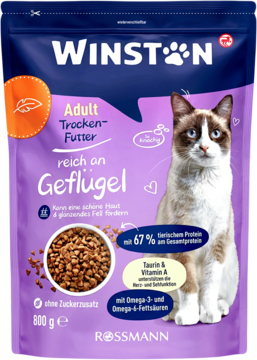 Winston Adult sucha karma dla kota, fioletowa torebka z kotem i miską karmy, bogata w drób, 800 g.