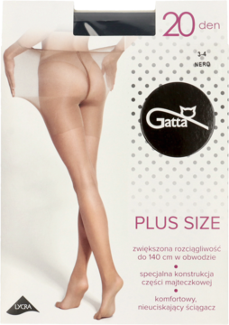 Opakowanie rajstop Gatta PLUS SIZE 20 den, cieliste, z modelem. Zwiększona rozciągliwość do 140 cm.