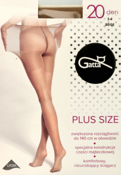 Beżowe rajstopy Gatta Plus Size 20 den na modelce, z widocznym opakowaniem produktu po prawej stronie.
